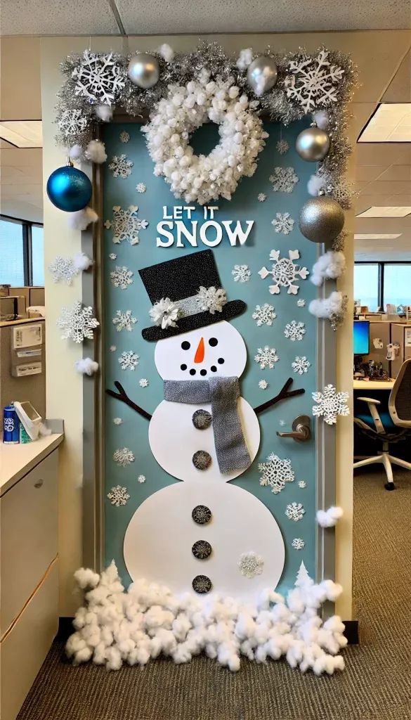 Christmas office door decorated with a large snowman, snowflakes and Let It Snow lettering