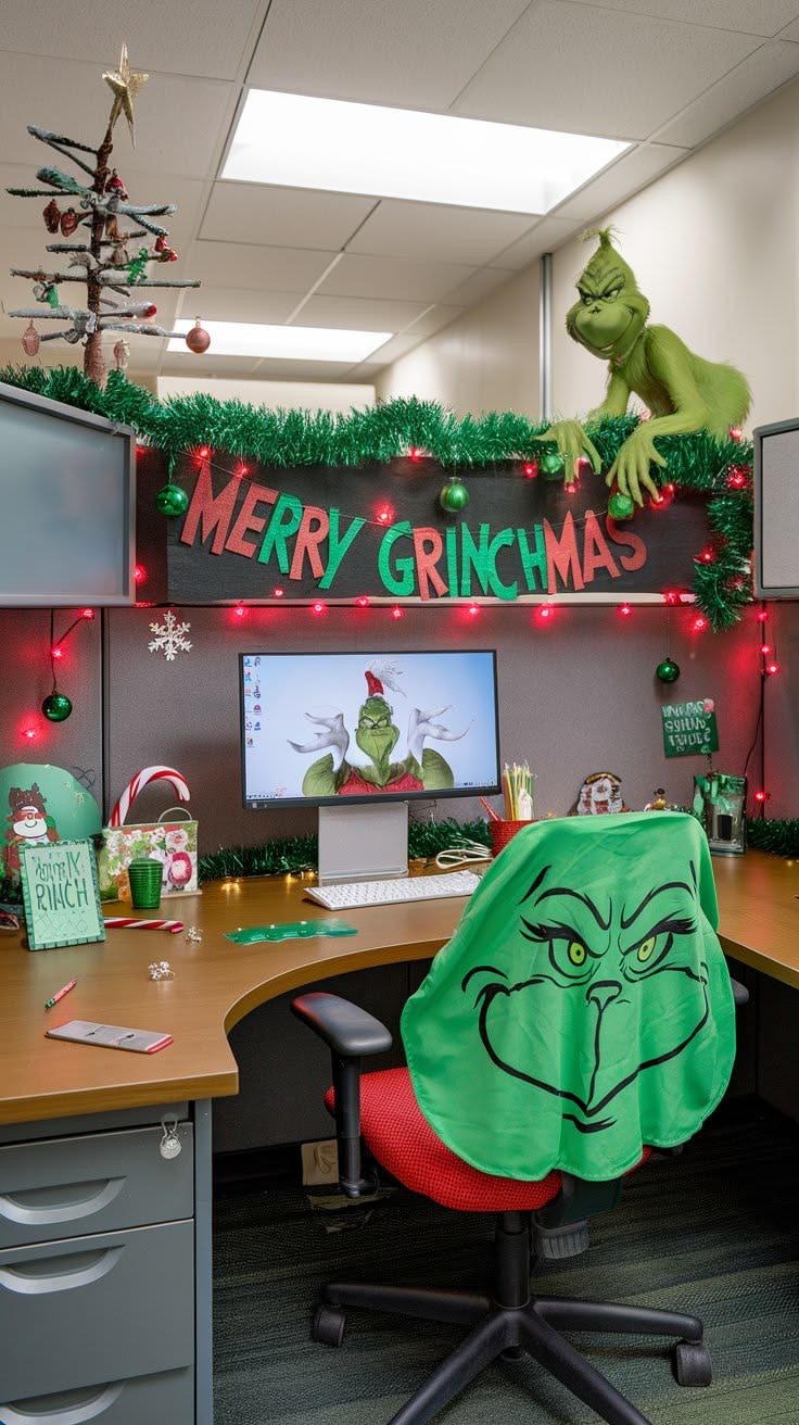 Grinch-themed Christmas office cubicle with green chair cover and Merry Grinchmas decorations