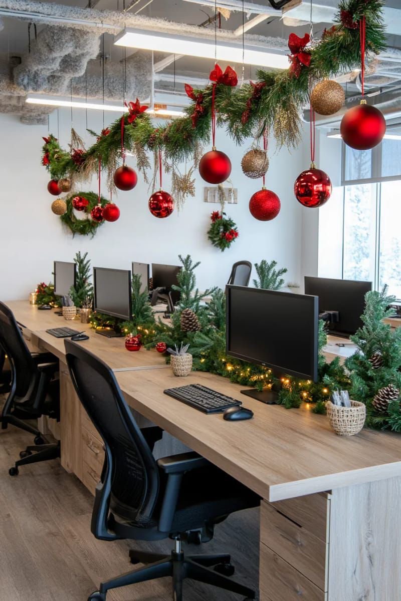 Office Christmas ceiling garland decorated with oversized red and gold baubles