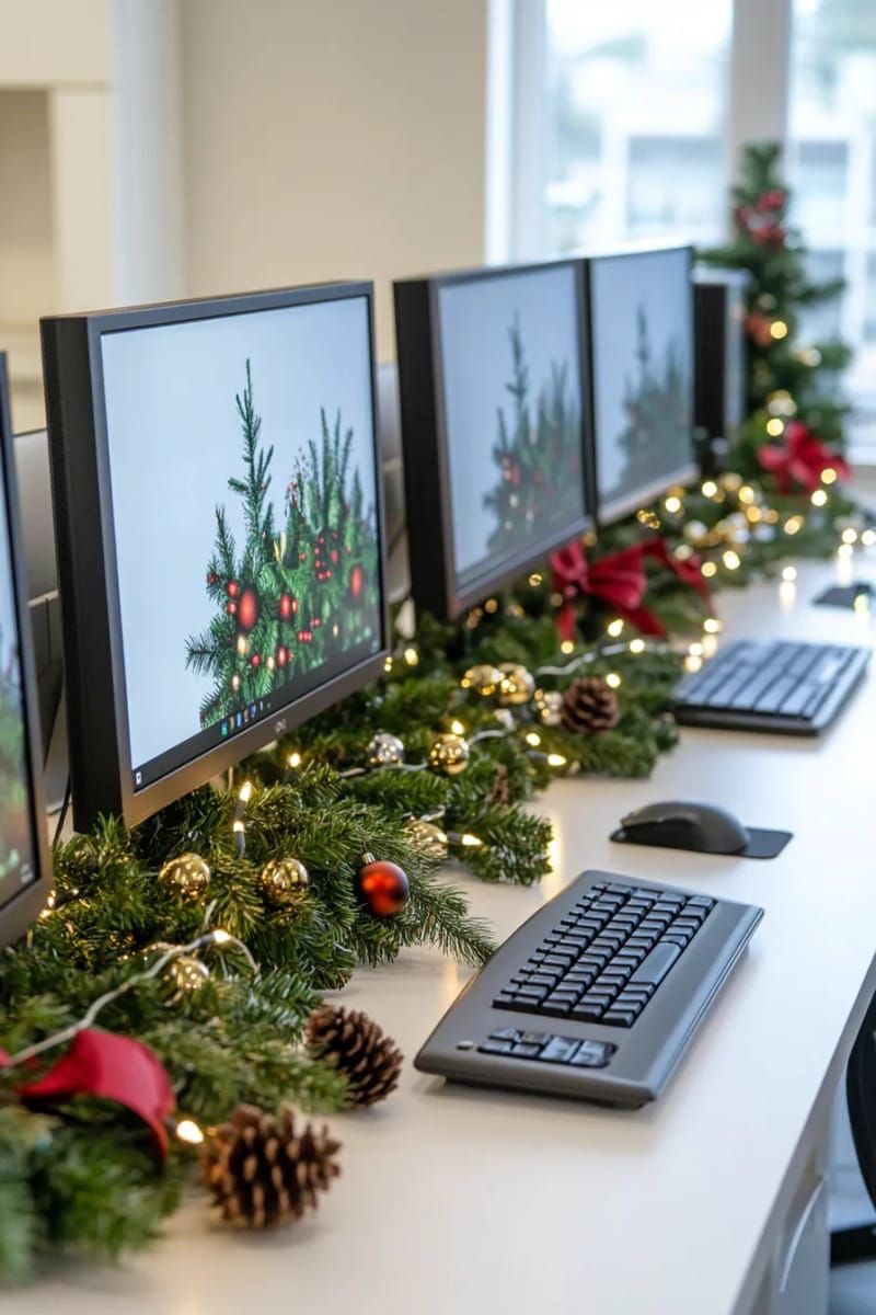Office computer desks decorated with Christmas garlands, gold baubles and warm fairy lights