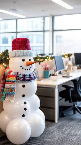 Large DIY Christmas snowman made from white balloons with a red hat and colourful scarf in an office