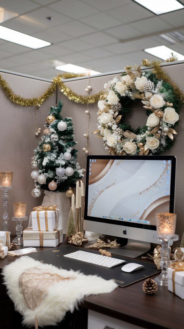 Elegant office cubicle decorated with white roses, gold ornaments, Christmas wreath and frosted tree