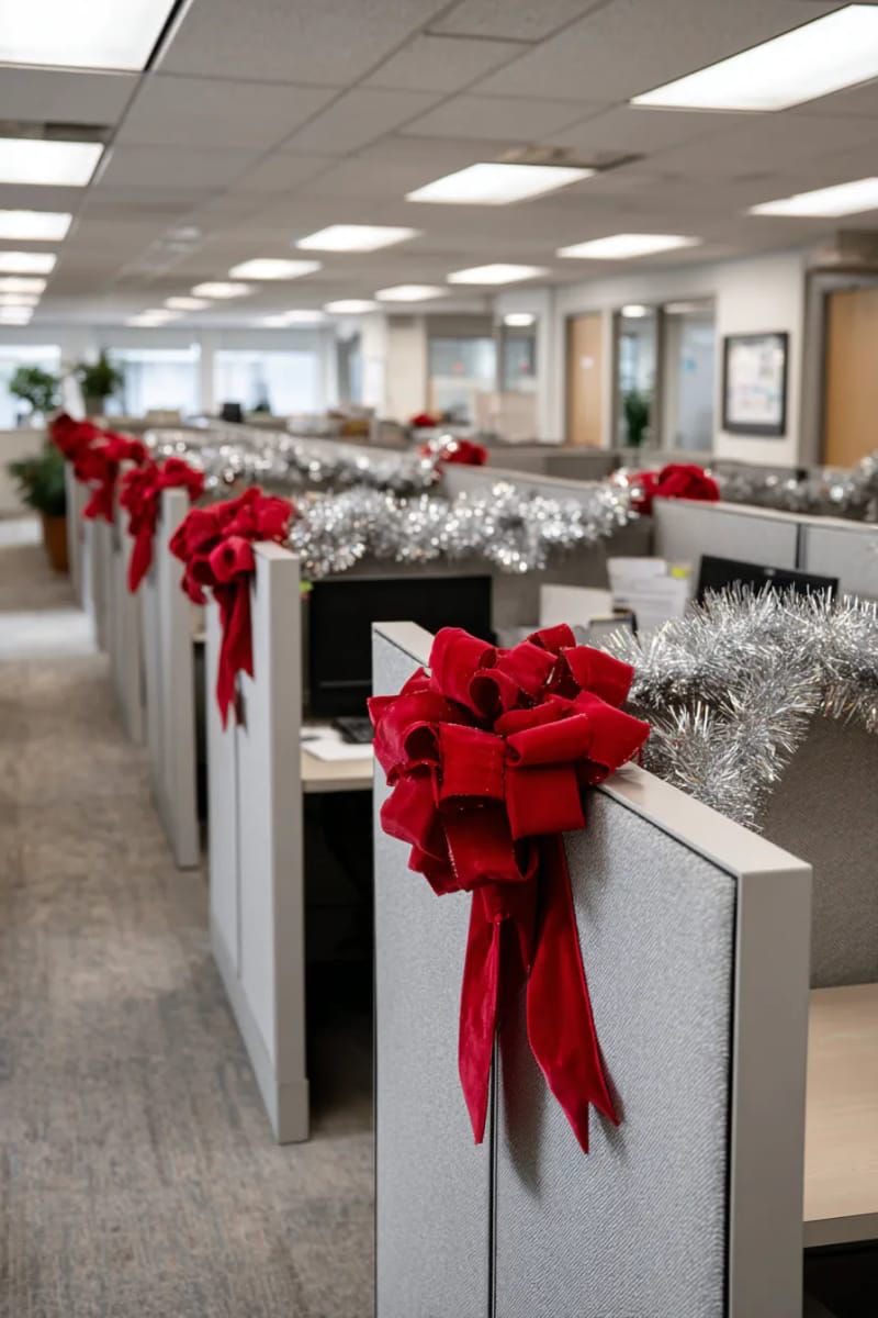 Rows of office cubicles decorated with silver Christmas tinsel and oversized red bows