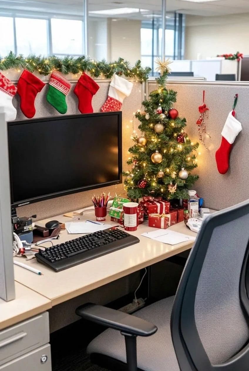 Christmas office cubicle with hanging stockings, greenery, fairy lights and decorated tabletop Christmas tree