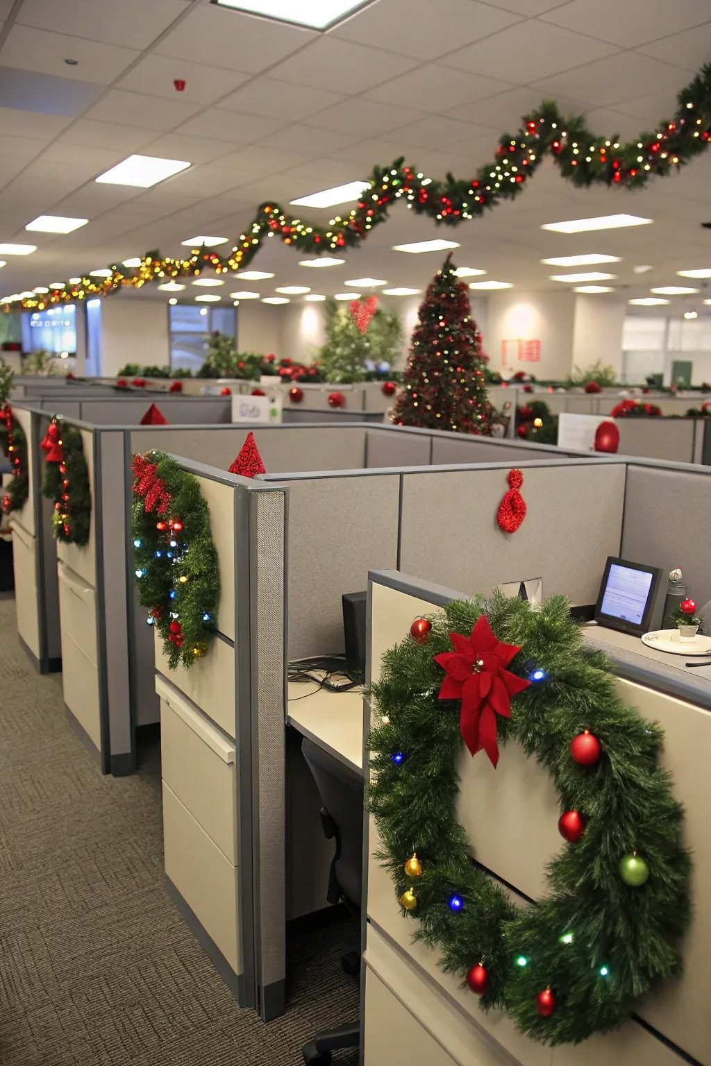 Office cubicles decorated with large Christmas wreaths, colourful lights and festive garlands