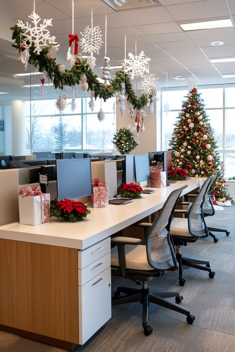 Office decorated with hanging white snowflakes, evergreen garlands and a large Christmas tree