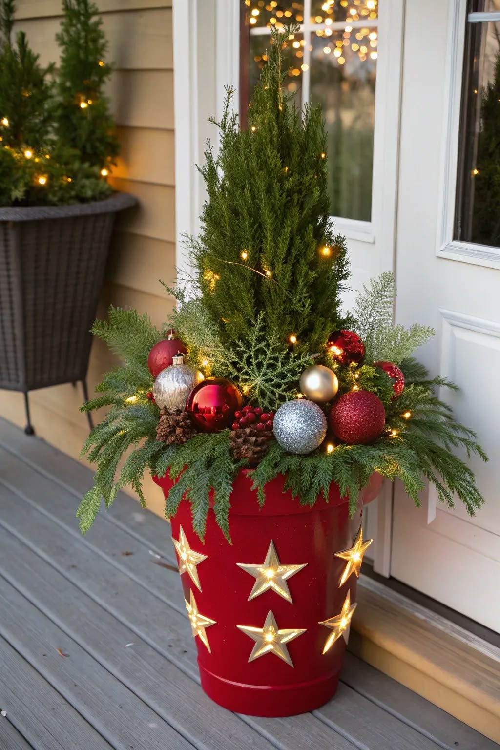 Red Christmas planter with glowing gold stars, evergreen tree, ornaments and fairy lights