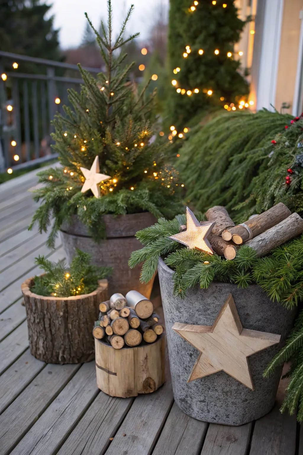 Rustic outdoor Christmas planters with evergreen trees, wooden stars, logs and warm fairy lights