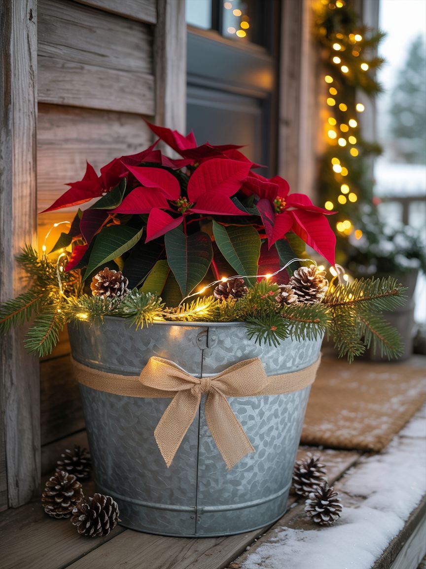Galvanised metal Christmas planter with red poinsettias, pinecones, evergreen branches and burlap bow