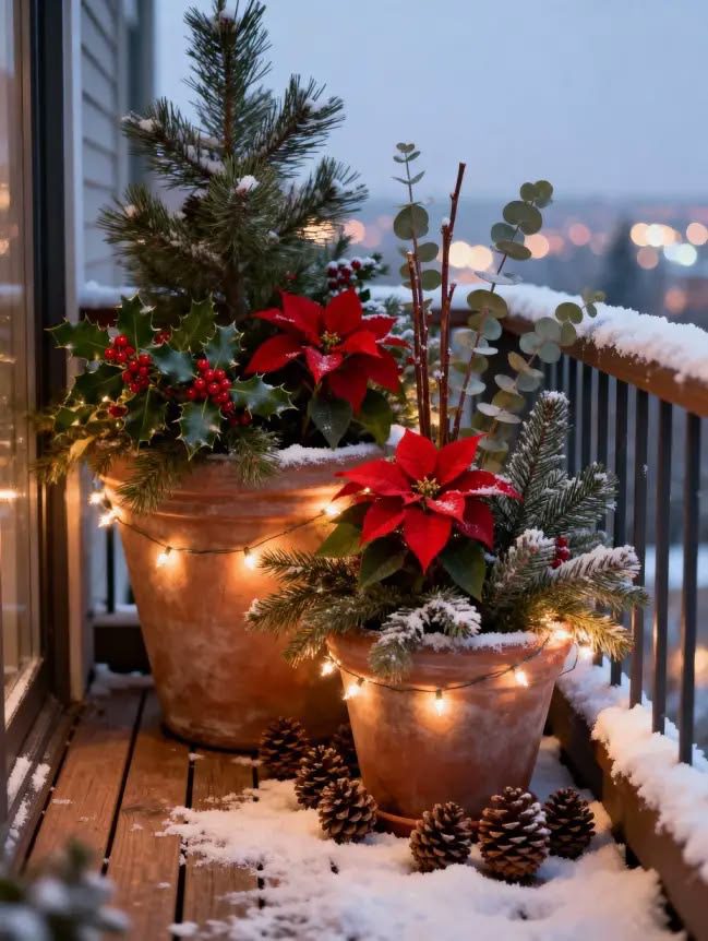 Terracotta Christmas planters with red poinsettias, holly berries, evergreen trees and glowing lights on snowy porch