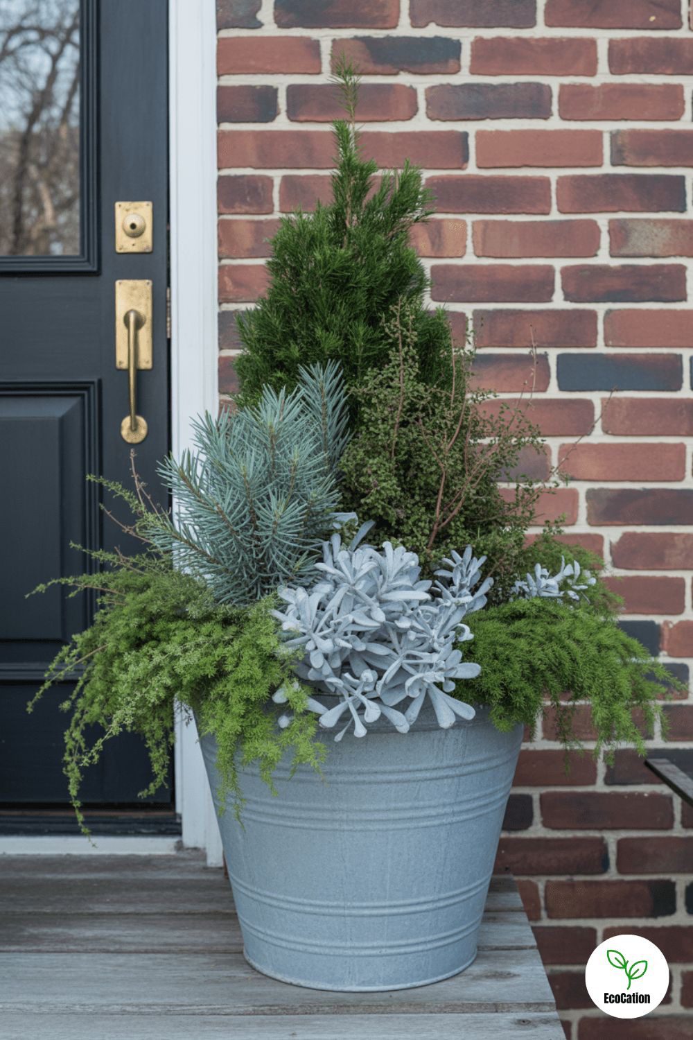 Decorative outdoor Christmas planter with festive greenery and seasonal foliage