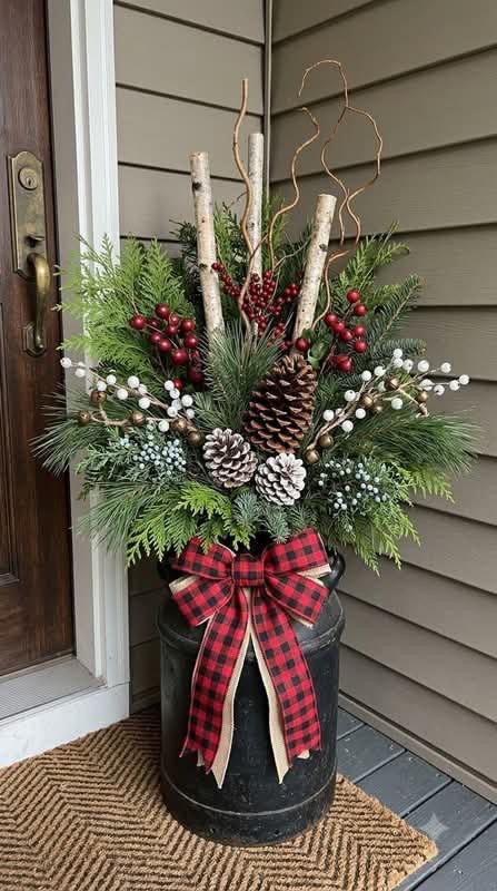 Rustic black milk can Christmas planter with birch branches, pinecones, red berries and buffalo plaid bow