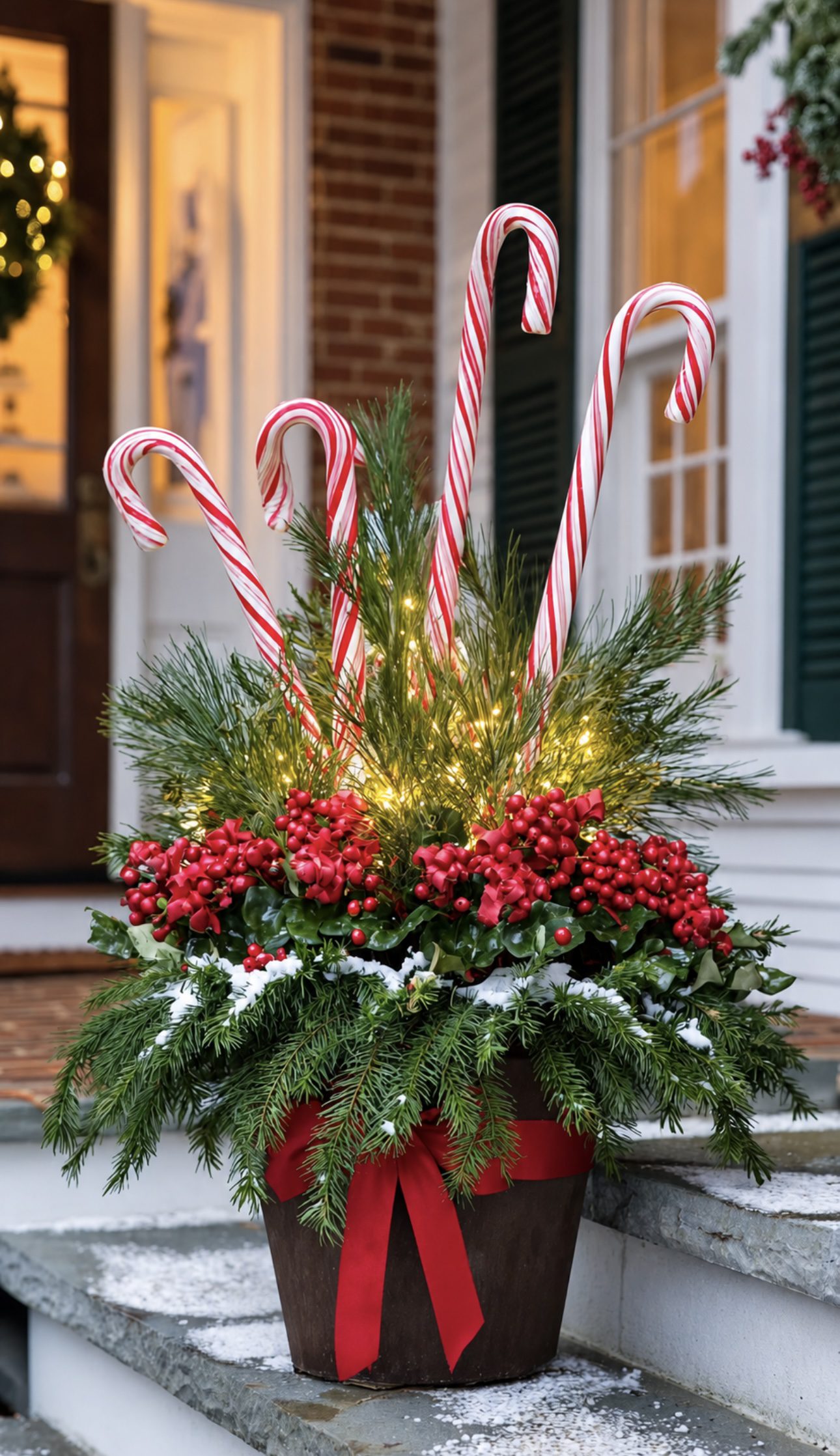 Matching black Christmas planters with evergreen branches, red berries, pinecones and frosted greenery beside front door
