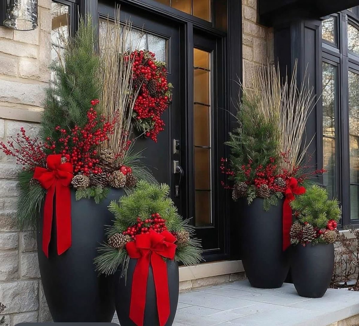 Contemporary black Christmas planters filled with red winter berries, glossy green leaves and frosted evergreen branches