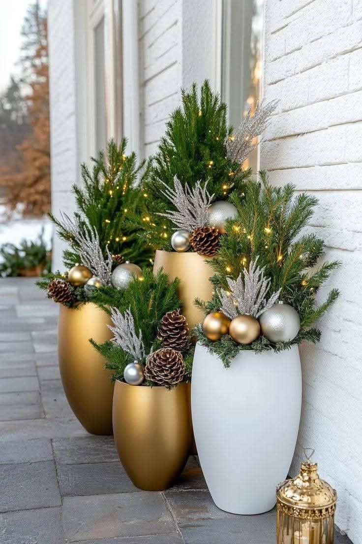 Festive outdoor Christmas planter arrangement with seasonal evergreen greenery