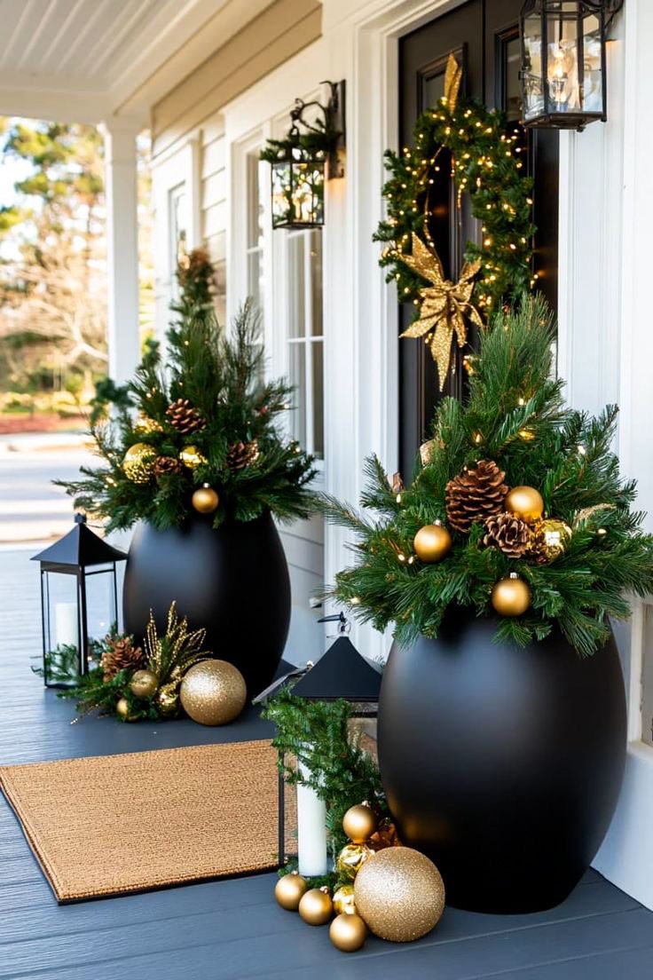 Full Christmas porch planter with layered winter greenery and decorative foliage