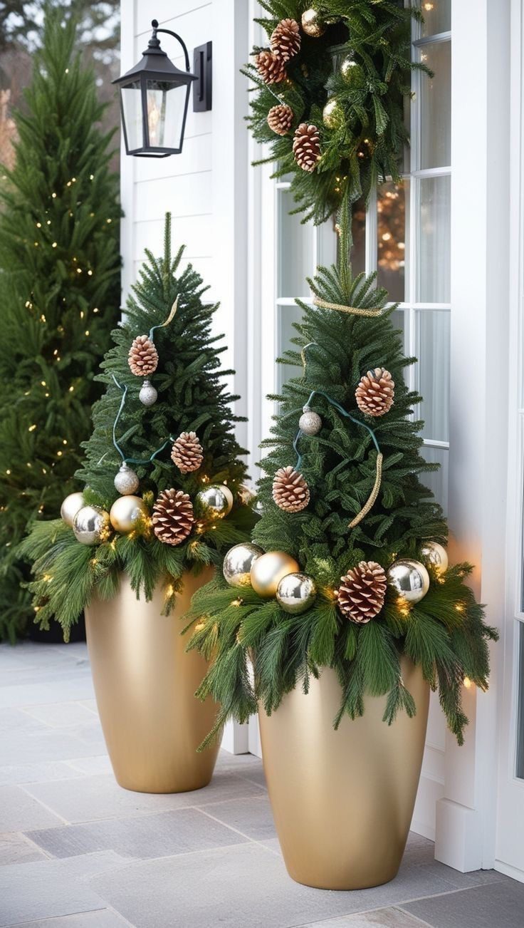 Winter Christmas planter display featuring natural greenery and seasonal decorative textures
