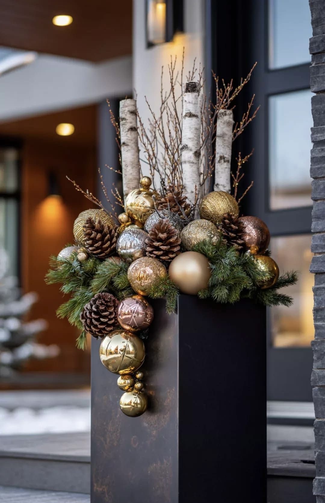 Tall outdoor Christmas planter arrangement with winter evergreen greenery