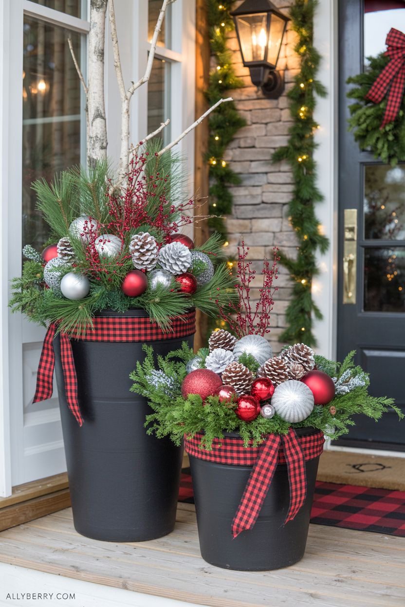 Two black Christmas porch planters decorated with red and silver ornaments, evergreen branches and buffalo plaid ribbons
