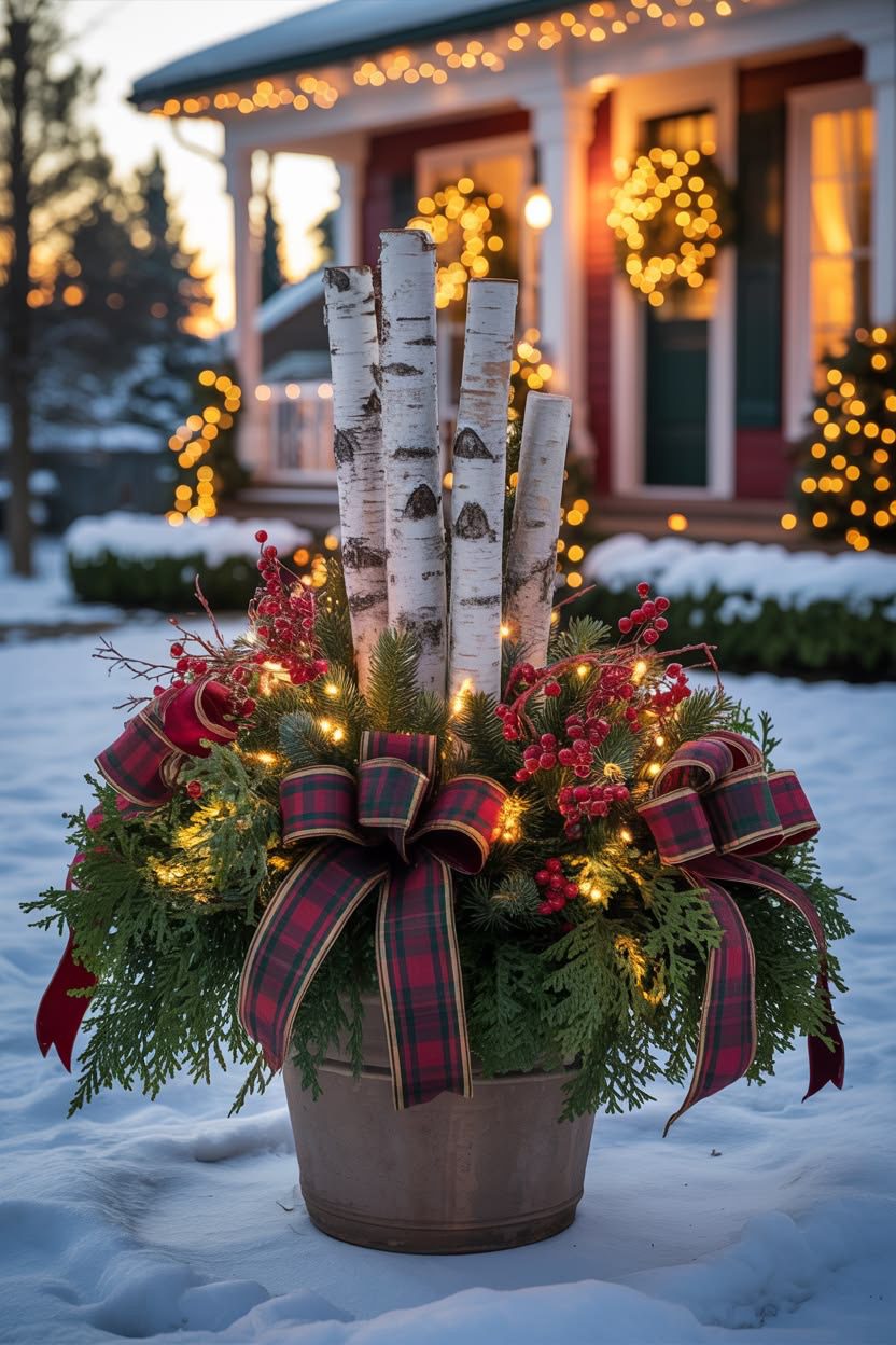 Christmas planter with white birch logs, plaid ribbon bows, red berries and glowing fairy lights in snow