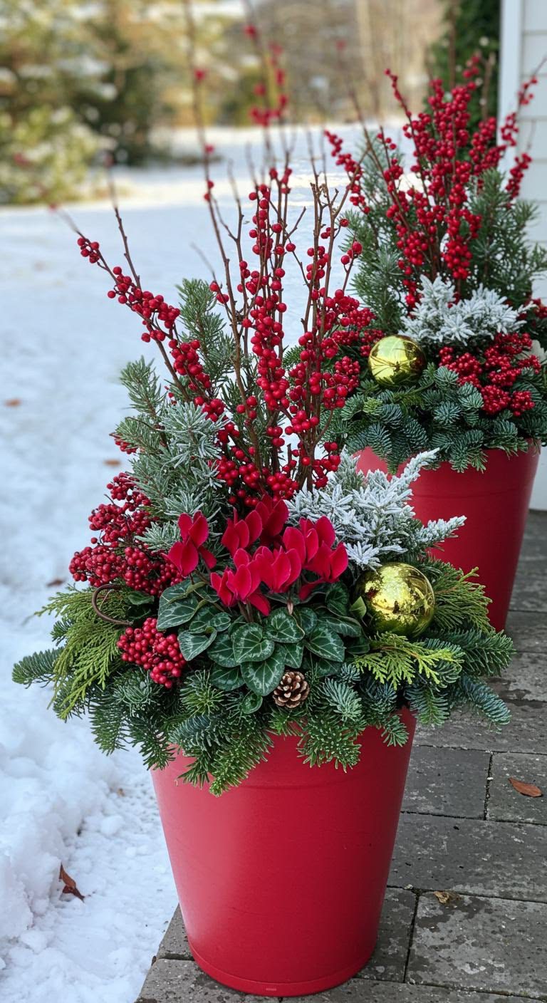 Red Christmas winter planters with berry branches, red cyclamen, frosted foliage and evergreen greenery