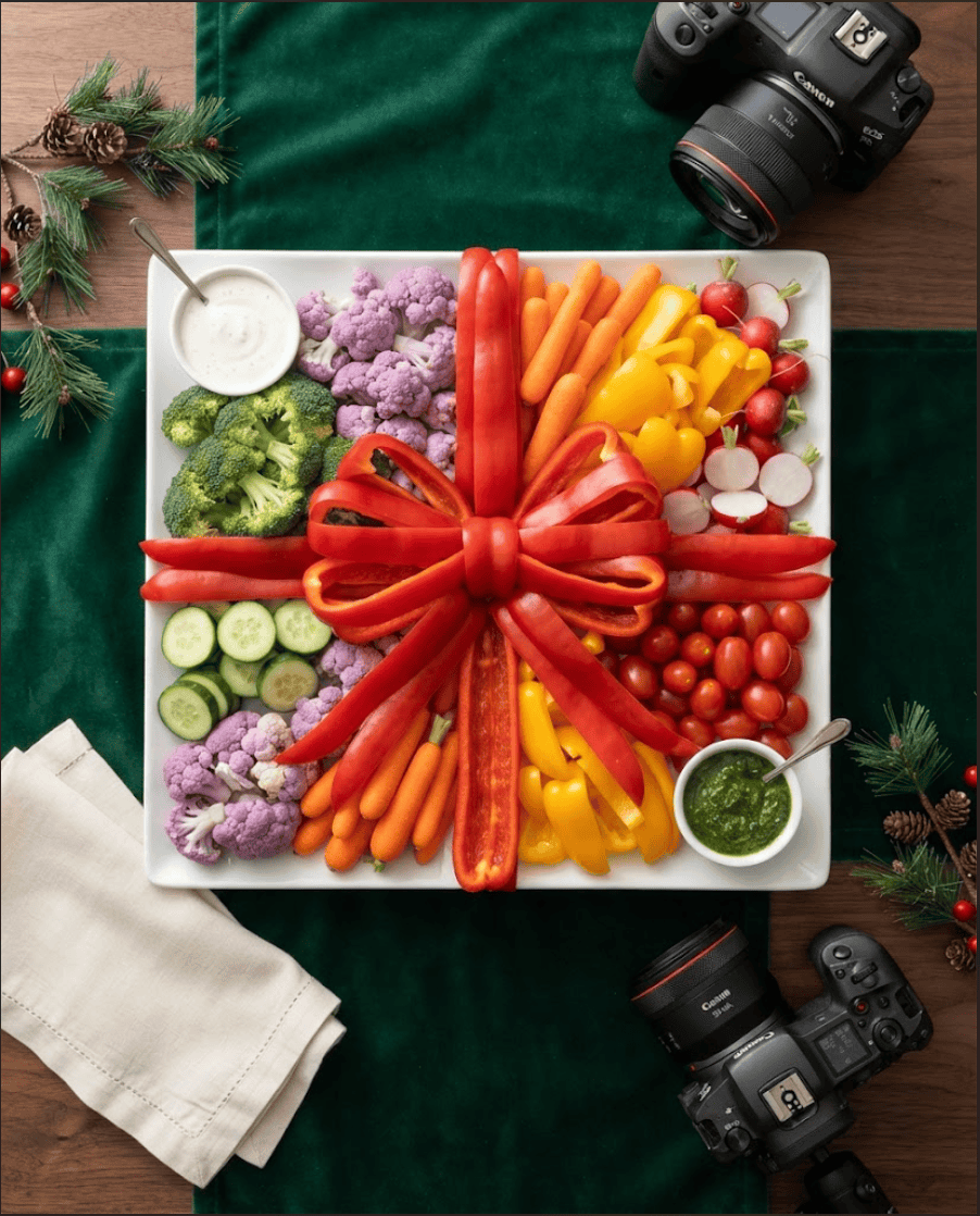 Christmas present-shaped vegetable platter with colourful peppers, carrots, cucumbers, broccoli, purple cauliflower, radishes and a red pepper ribbon