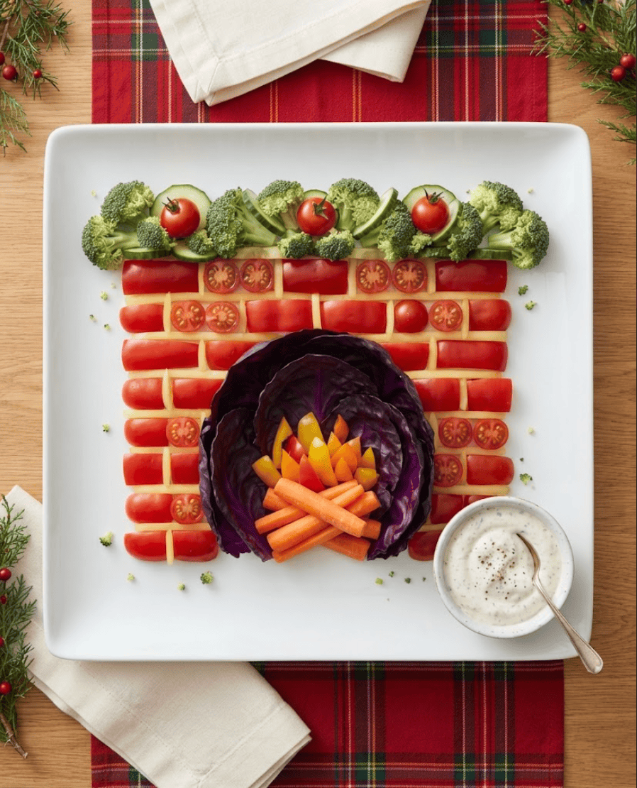 Christmas fireplace vegetable platter made from red bell pepper bricks, purple cabbage, carrots, yellow peppers and broccoli greenery