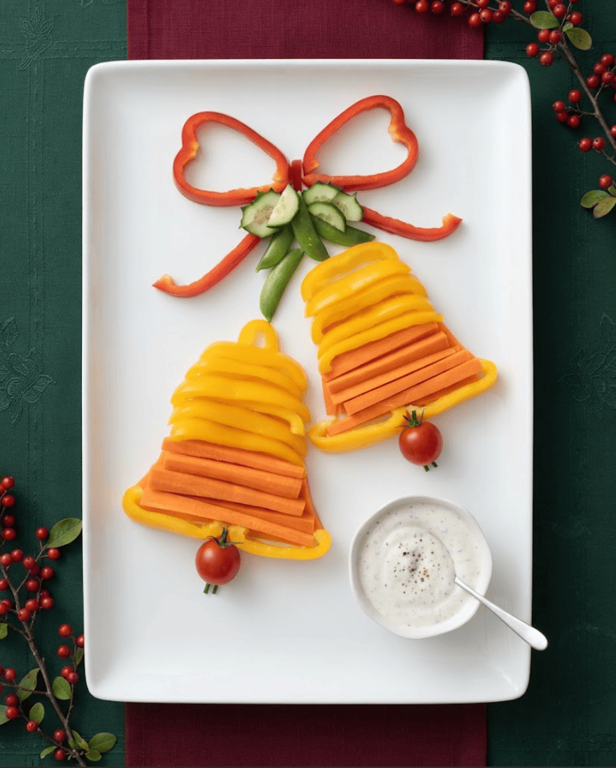Two Christmas bells made from yellow bell pepper strips and carrot sticks with red pepper ribbon, cucumber and snap pea decorations