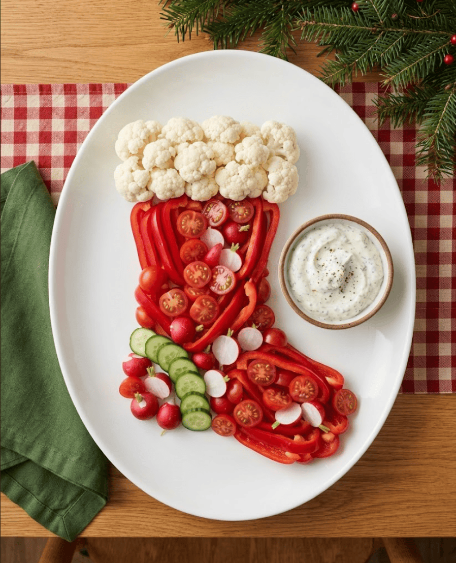 Christmas stocking vegetable platter made from red peppers, cherry tomatoes, cauliflower, cucumber and radishes with creamy dip