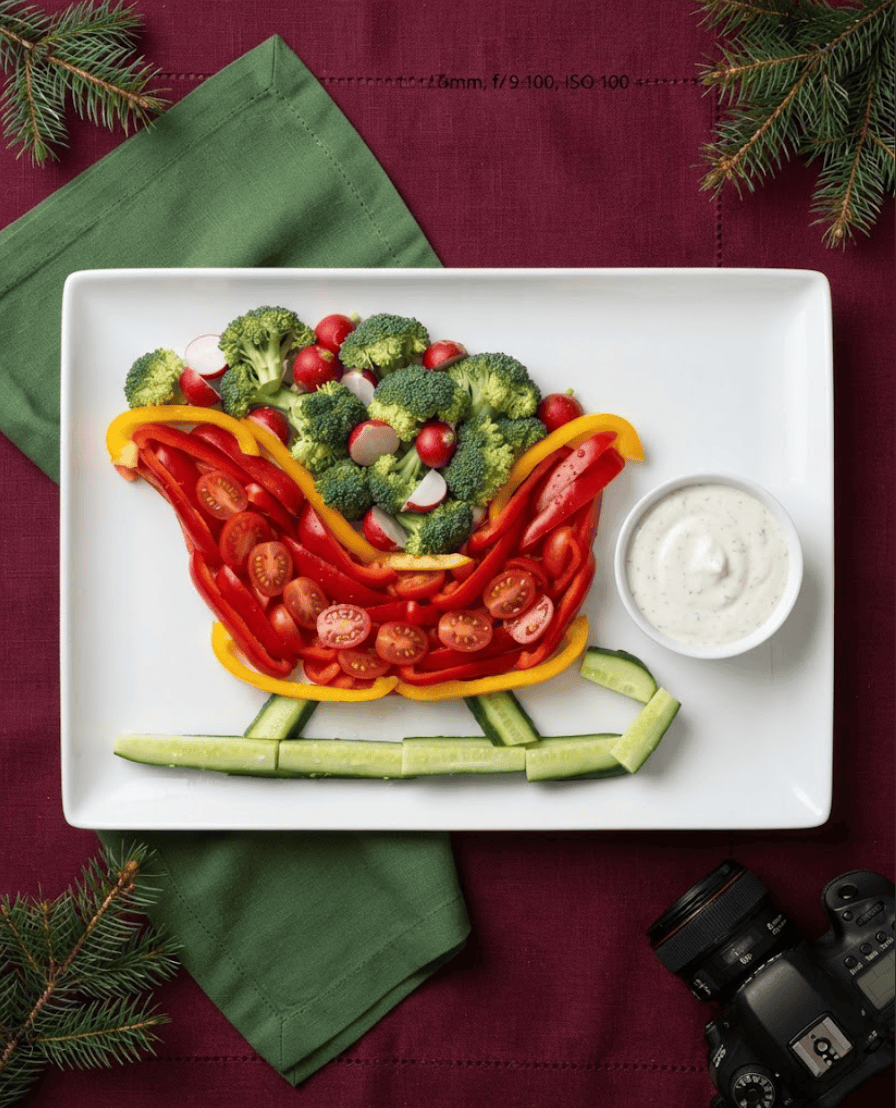Christmas sleigh made from red and yellow bell peppers, cherry tomatoes, broccoli, radishes and cucumber runners