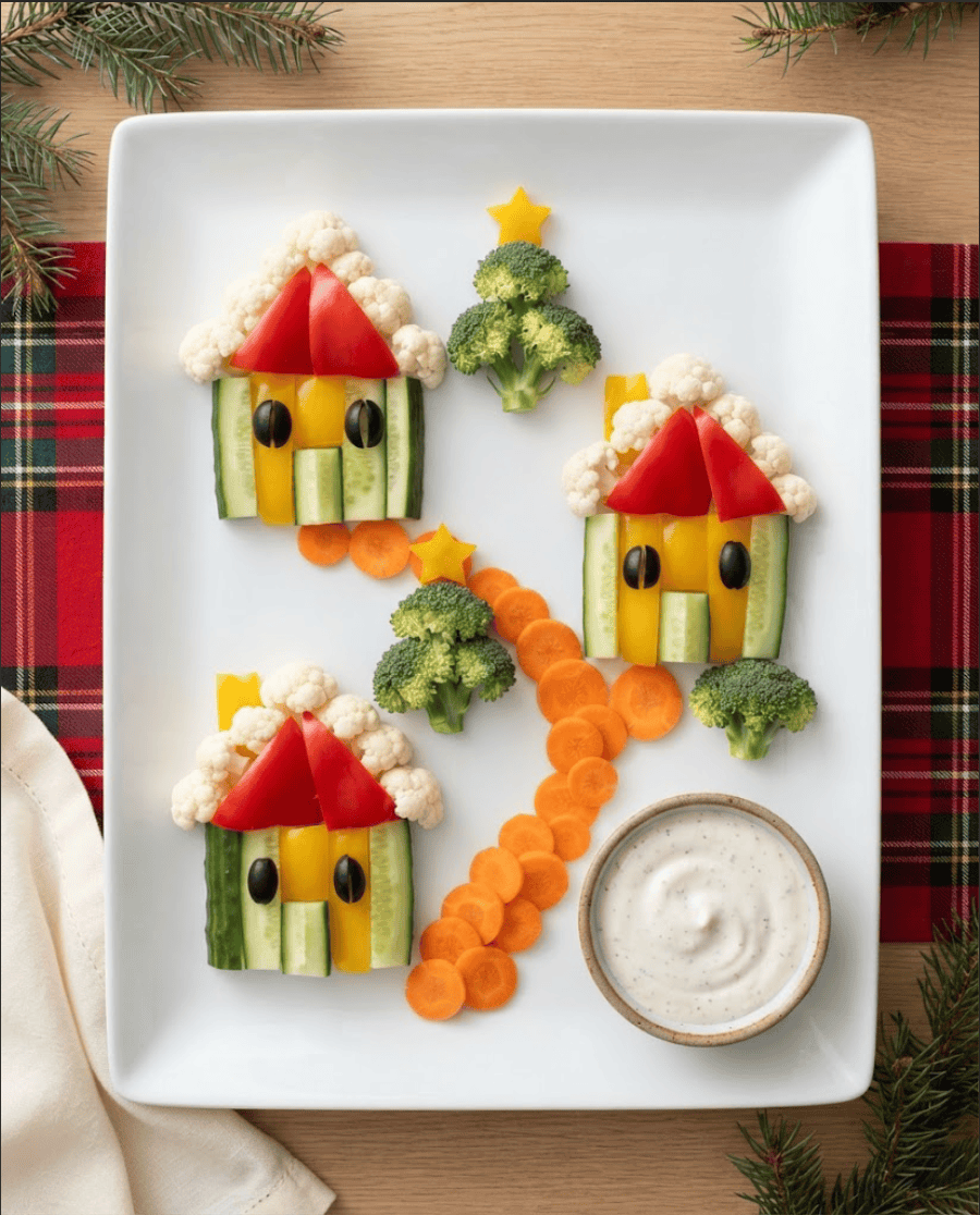 Christmas vegetable village with three cucumber and pepper houses, cauliflower snow-covered roofs, broccoli trees and carrot pathway