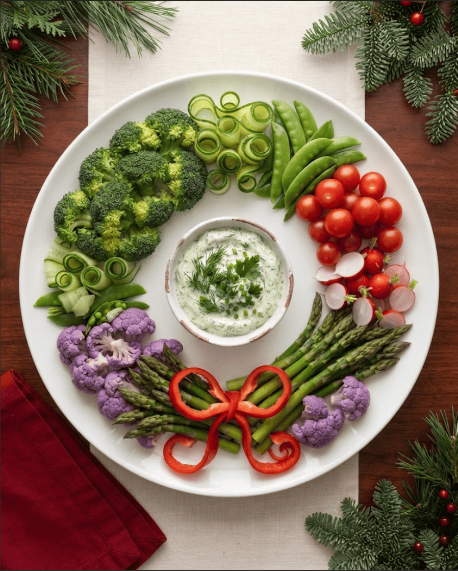 Colourful Christmas veggie wreath with broccoli, purple cauliflower, cucumber ribbons, asparagus, snap peas, radishes, tomatoes and red pepper bow
