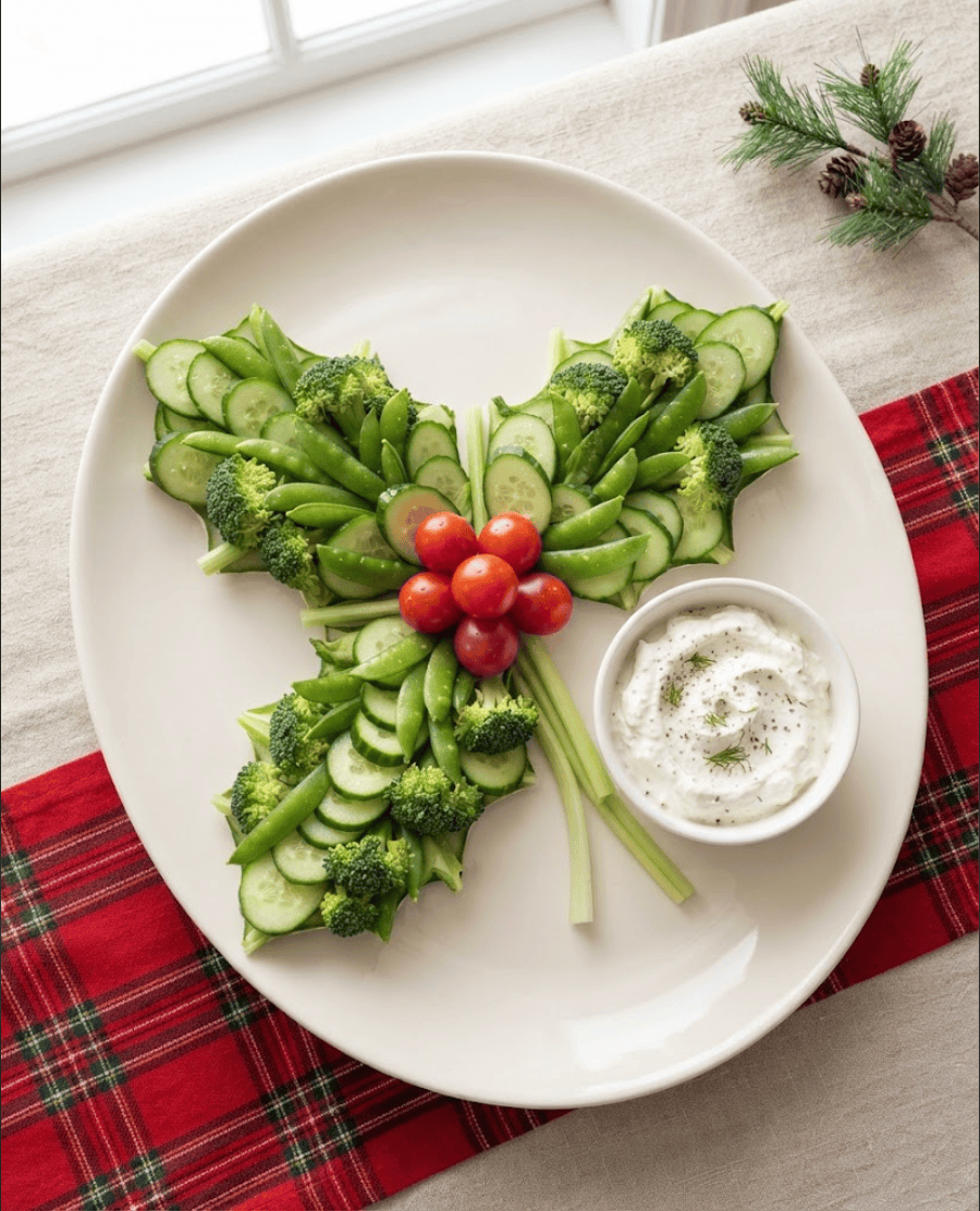 Holly-shaped Christmas vegetable platter with cucumber slices, snap peas, broccoli, celery, cherry tomato berries and a bowl of dip