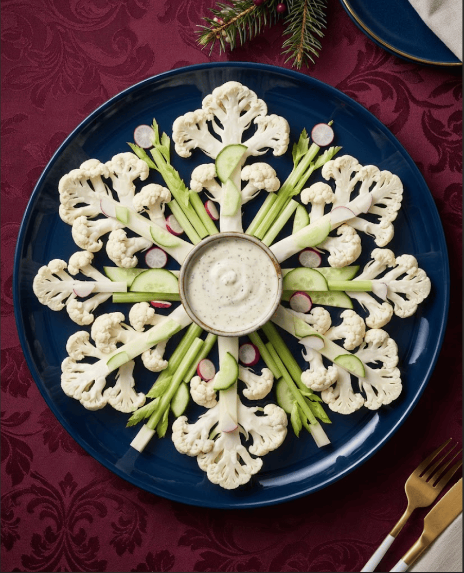 White snowflake vegetable platter made with cauliflower slices, celery, cucumber and radishes surrounding a bowl of creamy dip