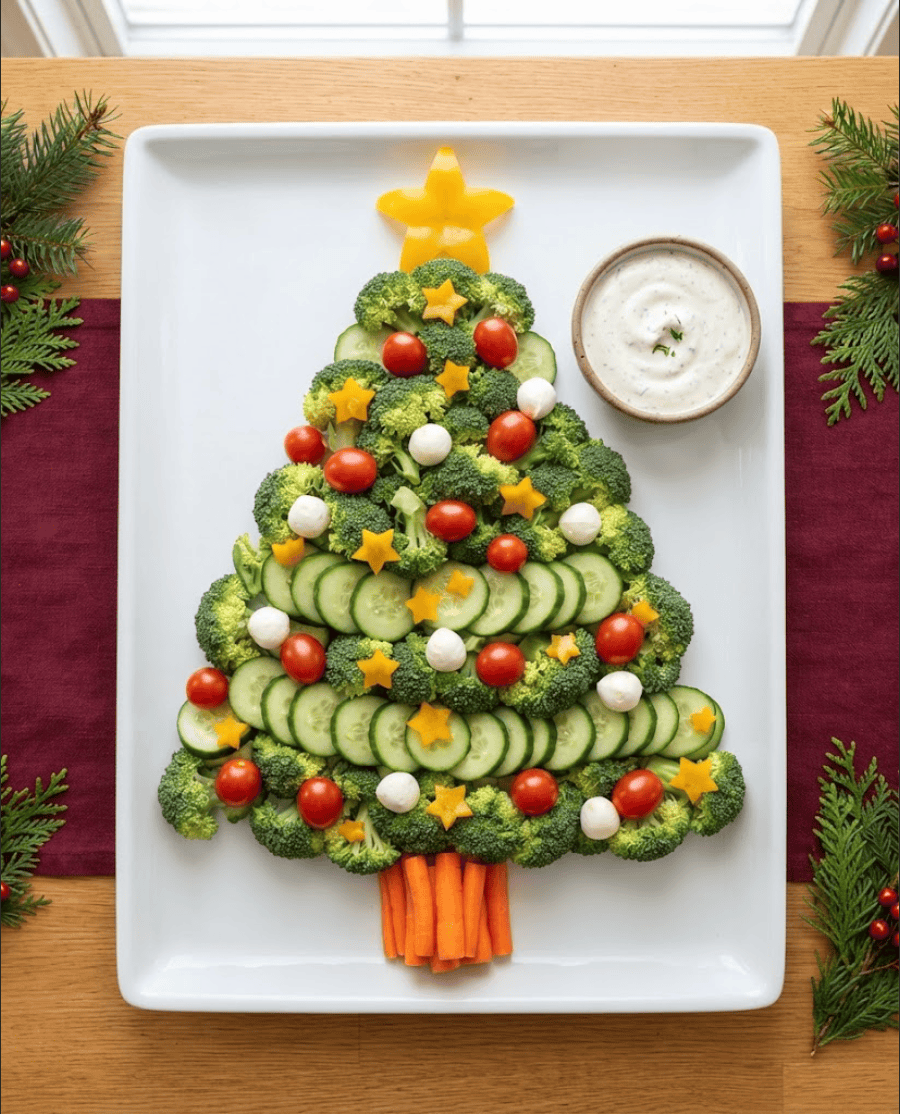 Broccoli Christmas tree platter decorated with cucumber slices, cherry tomatoes, yellow pepper stars, mozzarella balls and carrot trunk