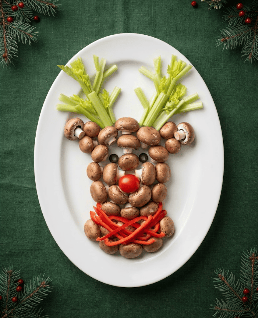 Rudolph reindeer vegetable platter made from brown mushrooms, celery antlers, black olive eyes, red tomato nose and pepper scarf