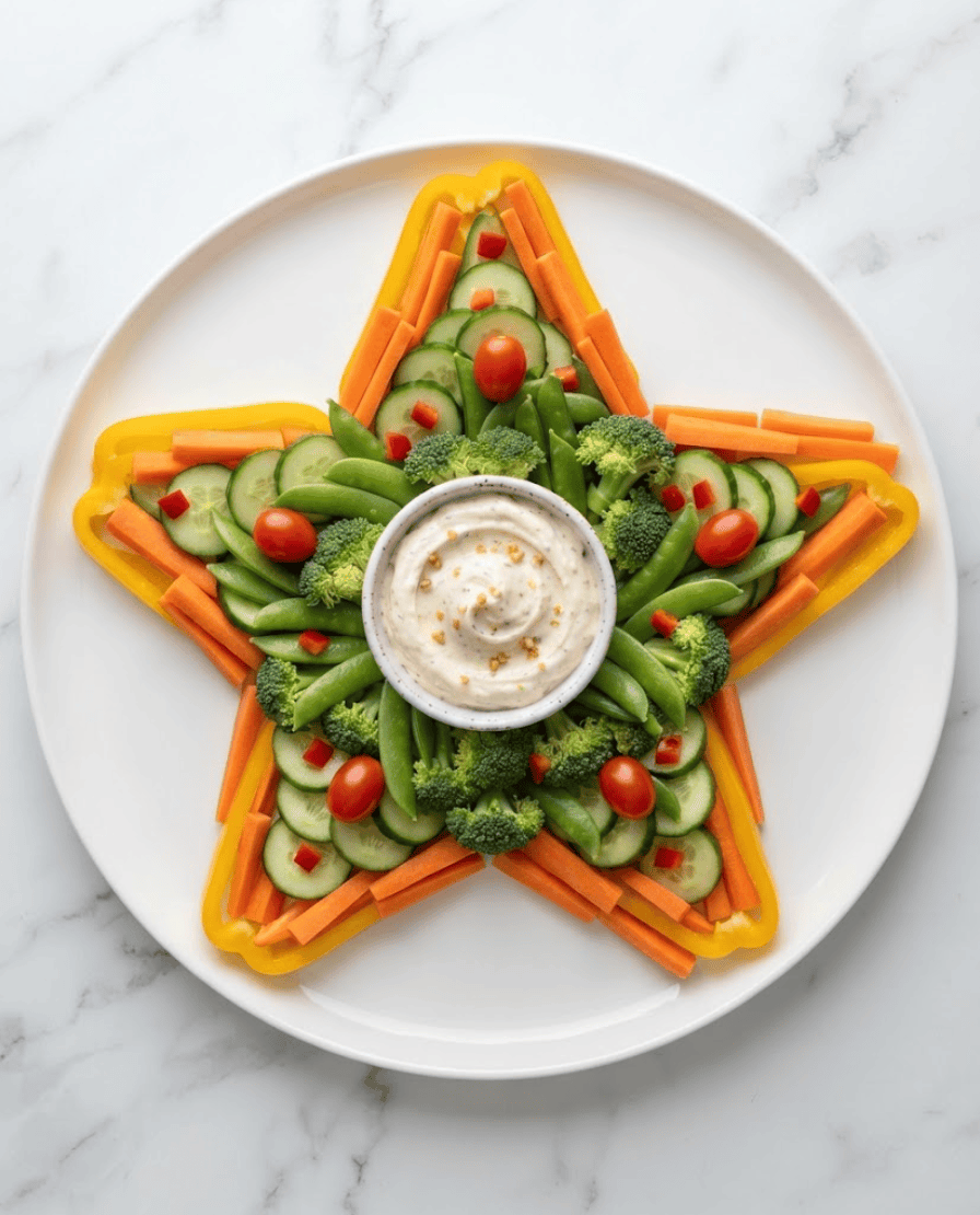 Five-pointed Christmas star vegetable platter with yellow peppers, carrots, cucumbers, snap peas, broccoli, cherry tomatoes and central dip