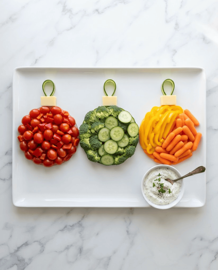 Three Christmas ornament-shaped vegetable arrangements made with red tomatoes, broccoli, cucumber, yellow peppers, carrots and cheese