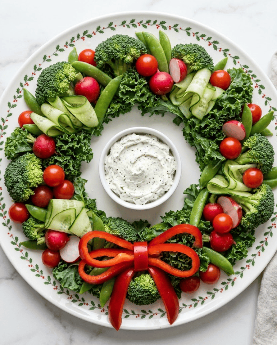 Christmas vegetable wreath with curly kale, broccoli, cucumber ribbons, snap peas, cherry tomatoes, radishes and red pepper bow