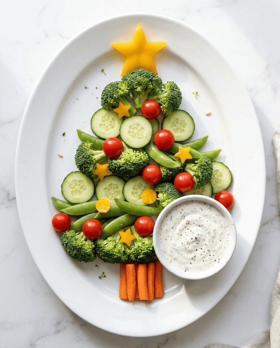 Small Christmas tree veggie platter with broccoli, cucumber, snap peas, cherry tomatoes, yellow pepper stars, carrot trunk and dip