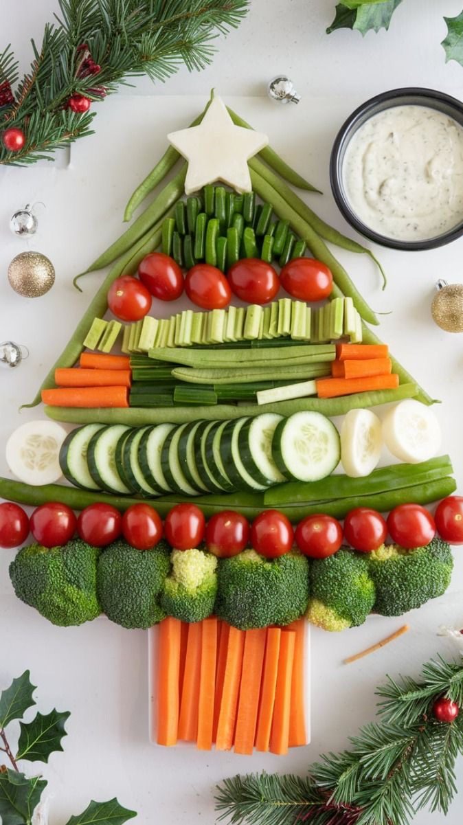 Christmas tree vegetable platter with green beans, celery, cucumber, broccoli, tomatoes, carrots and a white cheese star