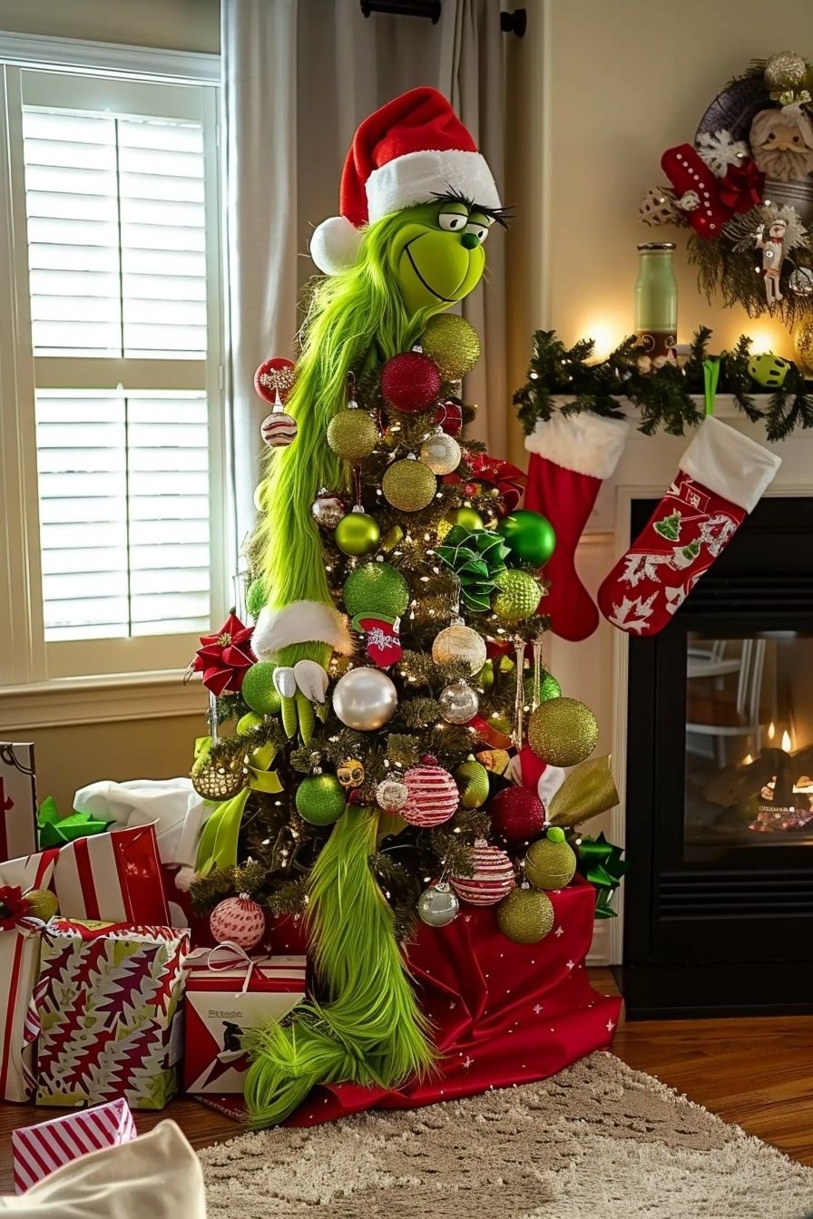 24 Fun Grinch Christmas Tree Ideas You'll Love 59 24 Fun Grinch Christmas Tree Ideas You'll Love Grinch Christmas tree decorated with gold, green and red baubles and a large Grinch topper