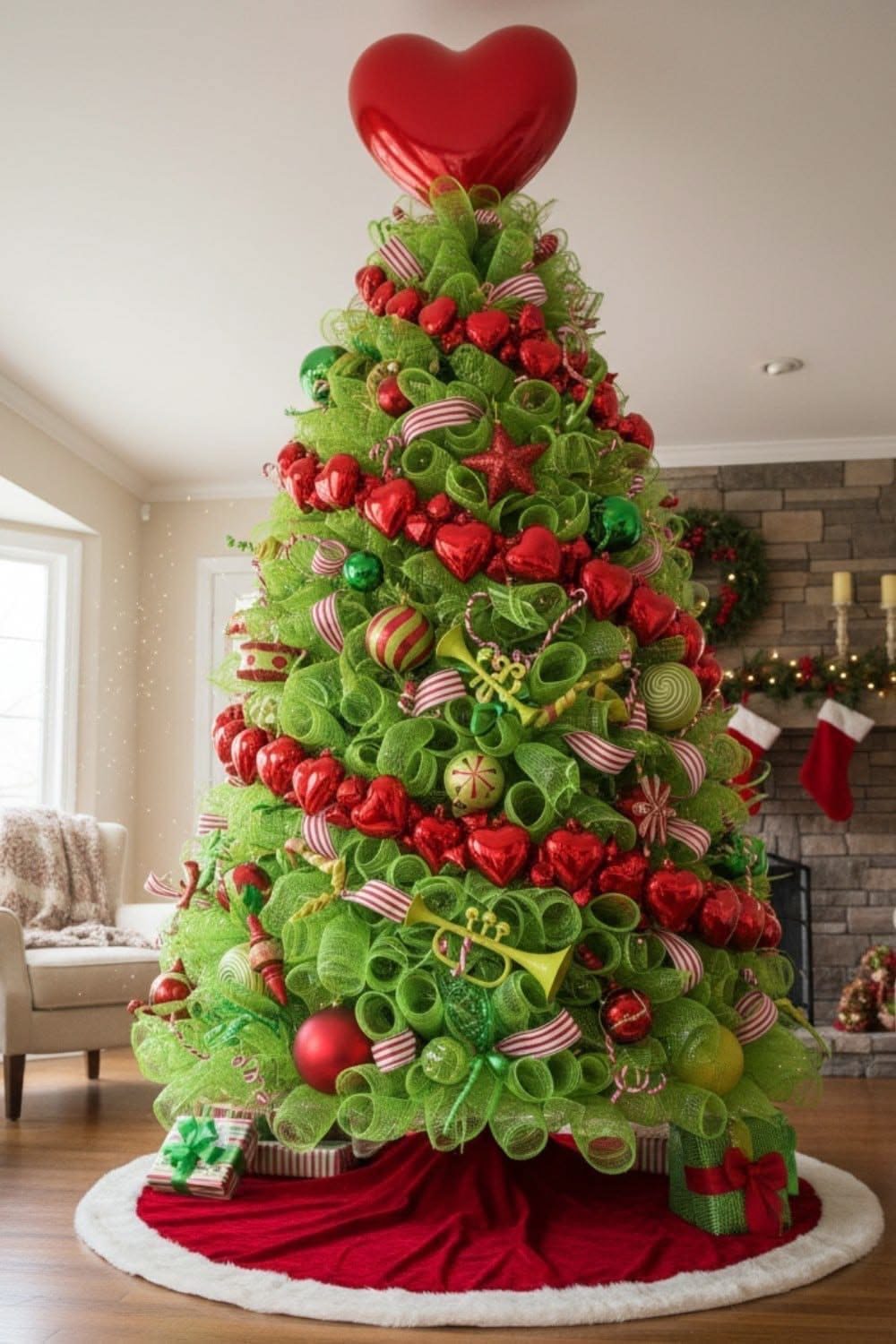 24 Fun Grinch Christmas Tree Ideas You'll Love 51 24 Fun Grinch Christmas Tree Ideas You'll Love Bright green mesh Grinch Christmas tree decorated with red hearts and peppermint ribbons