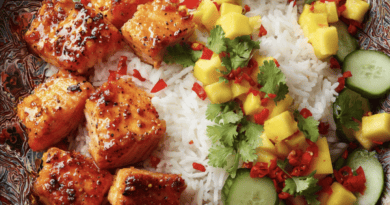 Hot Honey Salmon Bites with Coconut Rice and Mango